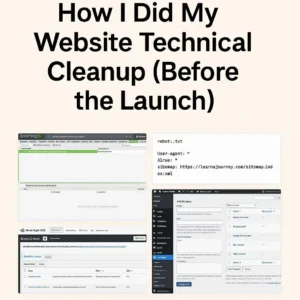 Screenshot collage showing the steps of my website technical cleanup using Screaming Frog, Rank Math, WordPress and robots.txt checks.website technical cleanup steps