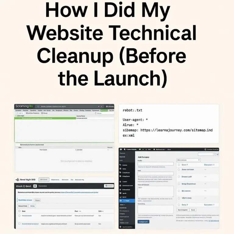 Screenshot collage showing the steps of my website technical cleanup using Screaming Frog, Rank Math, WordPress and robots.txt checks.website technical cleanup steps