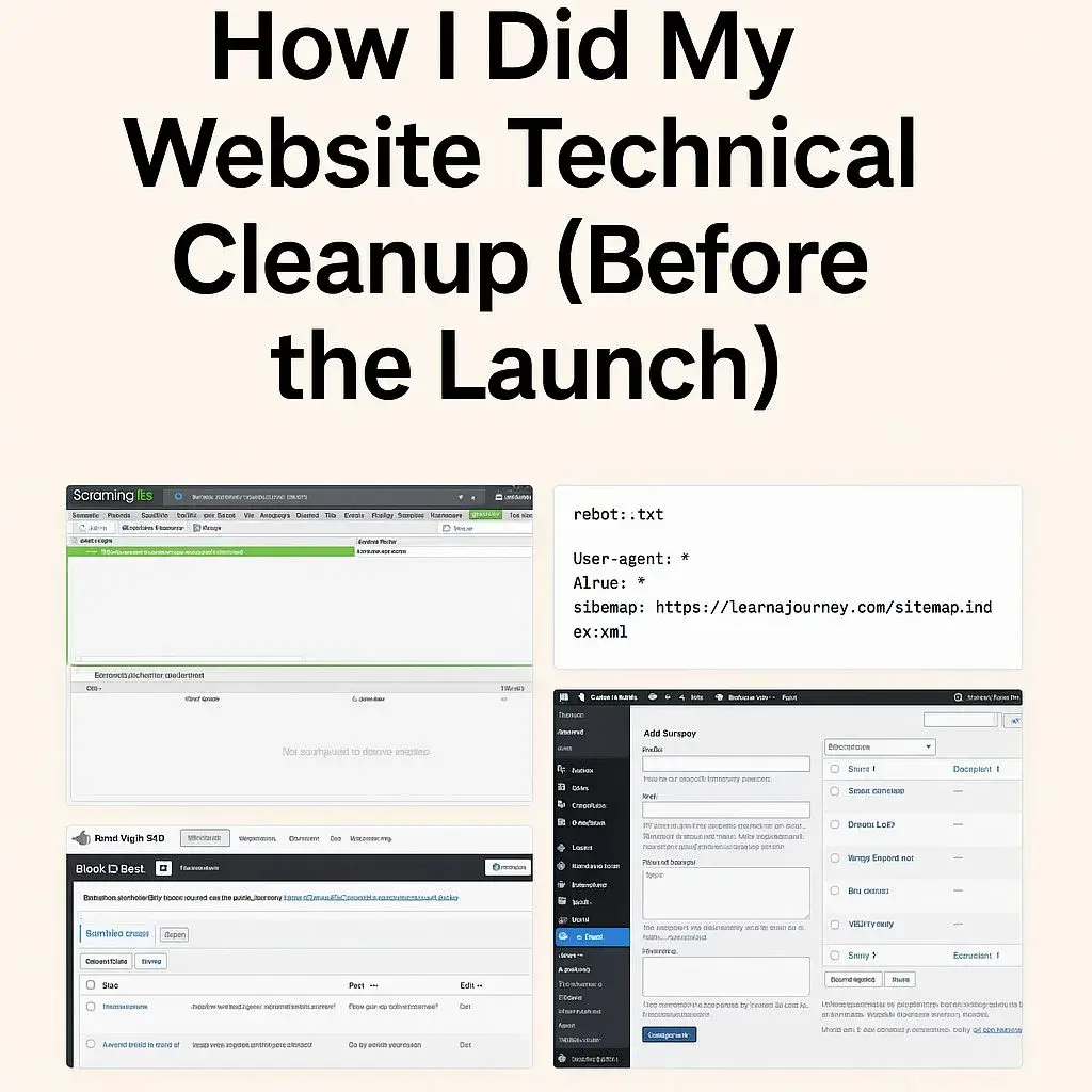 Screenshot collage showing the steps of my website technical cleanup using Screaming Frog, Rank Math, WordPress and robots.txt checks.website technical cleanup steps