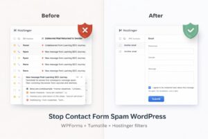 Stop contact form spam WordPress using WPForms anti spam, Cloudflare Turnstile, and Hostinger filters