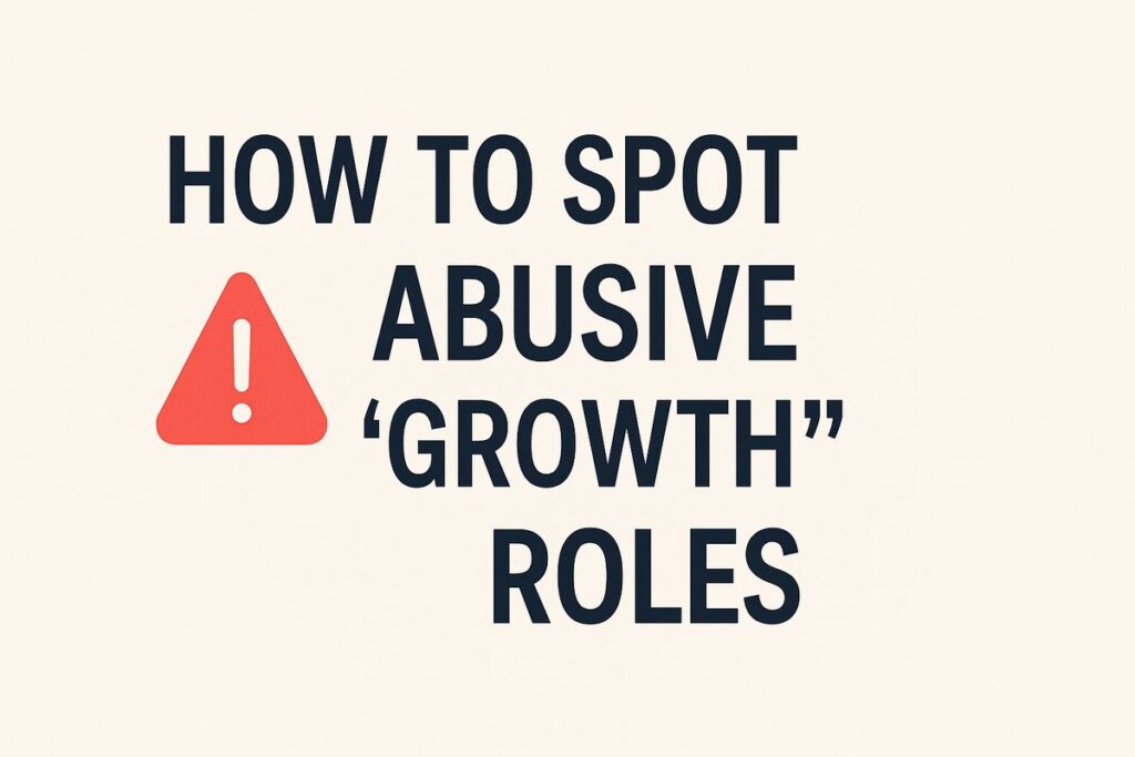 Featured image showing a warning icon and the title “How to Spot Abusive Growth Job Offers” for a blog post about identifying misleading digital marketing job roles.